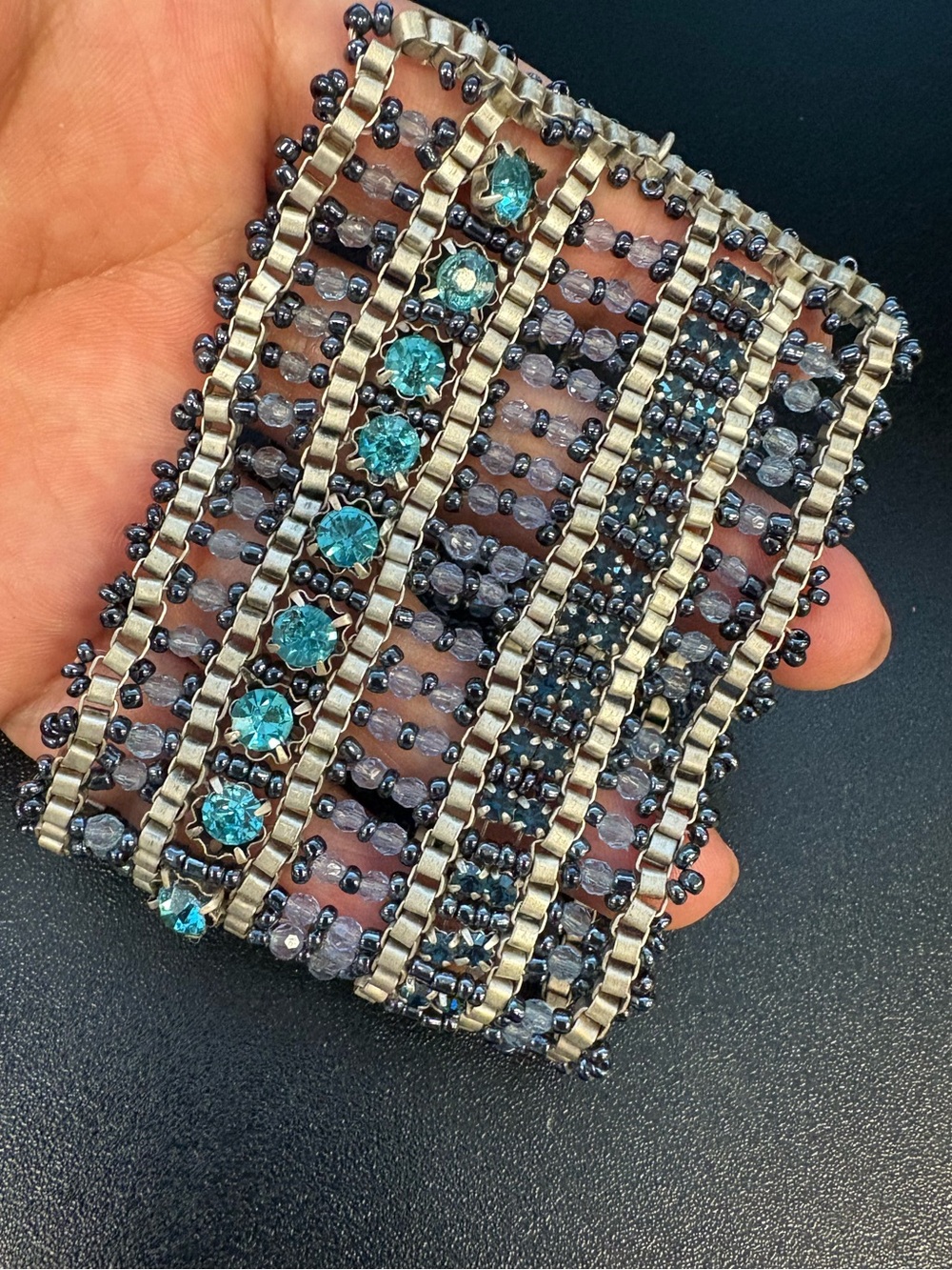 Pretty Beaded Multi-Row Chunky Statement Bracelet with Aqua Rhinestones